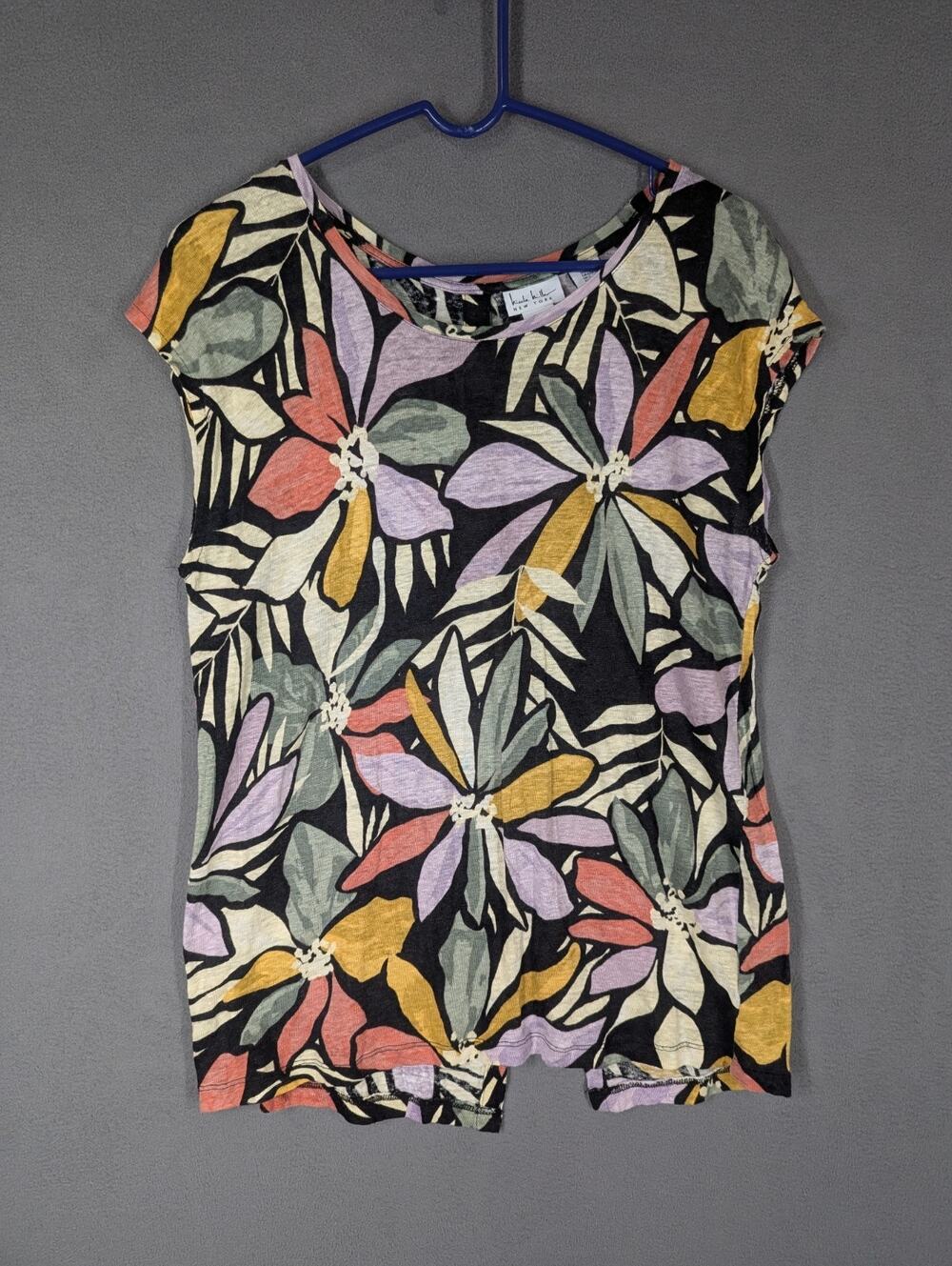 Nicole Miller Lg Colorful Tropical Beach Coastal Resort Linen Statement Top
